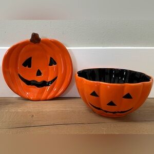 Vintage Halloween Ceramic Jack-o'-lantern Bowl and Plate